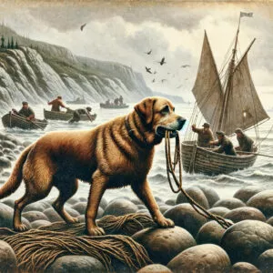 Ein historisches Bild eines Labrador Retrievers in Neufundland, wie er neben Fischern bei der Arbeit hilft und Netze im kühlen Nordatlantik zieht. Seine robuste Konstitution und aufmerksame Intelligenz sind deutlich zu erkennen, während er Aufgaben erfüllt, die ihn zum geschätzten Familien- und Arbeitshund gemacht haben. Heute sind Labradore für ihre vielseitigen Einsatzmöglichkeiten bekannt und haben sich als unverzichtbare Begleiter in verschiedenen Bereichen etabliert.