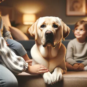 Ein Labrador Retriever umgeben von einer Familie, der seine sanfte und freundliche Natur zeigt. Seine lebendige Energie und Zuverlässigkeit als Familienhund werden durch sein spielerisches Interagieren mit Kindern und seine Bereitschaft, als Therapiehund zu dienen, unterstrichen. Dieses Bild fängt die soziale Intelligenz und das liebenswerte Temperament des Labradors ein, das ihn zum idealen Gefährten für Aufgaben wie Such- und Rettungseinsätze und therapeutische Unterstützung macht.