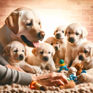 Ein niedlicher Labrador Welpe, umgeben von liebevoller Aufmerksamkeit. Die Aufzucht von Labrador Welpen erfordert besondere Fürsorge und Aufmerksamkeit. Interessenten, die Labrador Welpen kaufen möchten, sollten sich an verantwortungsbewusste Züchter wenden, um sicherzustellen, dass die Welpen gesund und gut sozialisiert sind. Die ersten Lebensmonate sind entscheidend für die Entwicklung eines Labrador Welpen. Dazu gehört die richtige Ernährung, gezieltes Training und die behutsame Eingewöhnung in das Familienleben. Die frühzeitige Einführung in grundlegende Trainingskonzepte und die soziale Interaktion mit Menschen und anderen Tieren sind von großer
