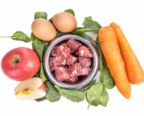 Ingredients of barf raw food recipe for dogs consisting meat, eggs and vegetable