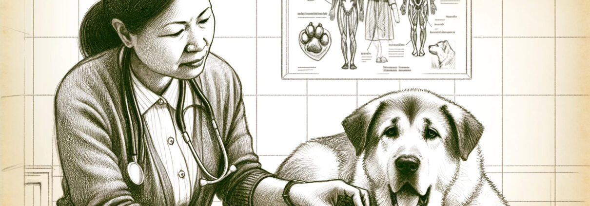 A sketch-style illustration of a veterinarian examining a dog showing symptoms of Bauchfellentzündung, including abdominal swelling and discomfort. Th