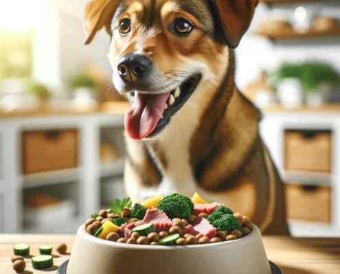 in glücklicher, gesunder Hund genießt natürliches und appetitliches Futter. Der mittelgroße Hund präsentiert sich mit einem glänzenden, gepflegten Fell, was Vitalität und Zufriedenheit ausstrahlt. Das Futter in einem sauberen Napf besteht aus frischen, hochwertigen Zutaten wie magerem Fleisch, Gemüse und Vollkornprodukten, ansprechend angerichtet. Die Szene spielt sich in einer hellen, sauberen Küche ab, durch deren Fenster das Sonnenlicht hereinströmt und sowohl das gesunde Aussehen des Hundes als auch die Frische des Futters hervorhebt.
