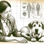 A sketch-style illustration of a veterinarian examining a dog showing symptoms of Bauchfellentzündung, including abdominal swelling and discomfort. Th