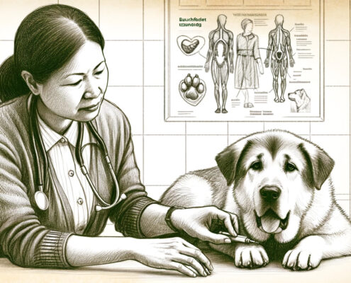 {titel} - {seitenname} A sketch-style illustration of a veterinarian examining a dog showing symptoms of Bauchfellentzündung, including abdominal swelling and discomfort. Th