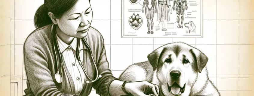 A sketch-style illustration of a veterinarian examining a dog showing symptoms of Bauchfellentzündung, including abdominal swelling and discomfort. Th