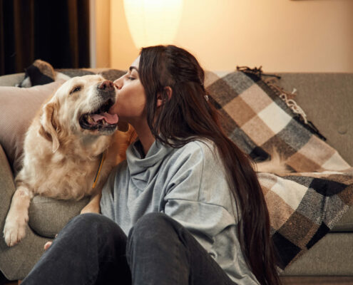 Kissing the dog. Woman is with golden retriever at home