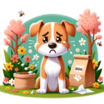DALL·E 2024 03 09 10.19.59 A cartoon style image of a dog sitting outside with a visibly upset expression. The dog is surrounded by flowers and trees in full bloom suggesting a