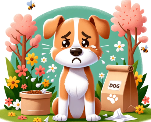 DALL·E 2024 03 09 10.19.59 A cartoon style image of a dog sitting outside with a visibly upset expression. The dog is surrounded by flowers and trees in full bloom suggesting a