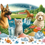 DALL·E 2024-04-01 08.18.44 – Eine Illustration, die verschiedene Haustiere (Hund, Katze, Pferd) in einer gesunden und glücklichen Umgebung zeigt, umgeben von Zeolith-Partikeln ode
