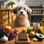 DALL·E 2024-04-04 16.47.33 – Create a realistic image of a dog sitting beside a wooden kitchen table, looking up sadly at a variety of foods that are toxic to dogs, including dark