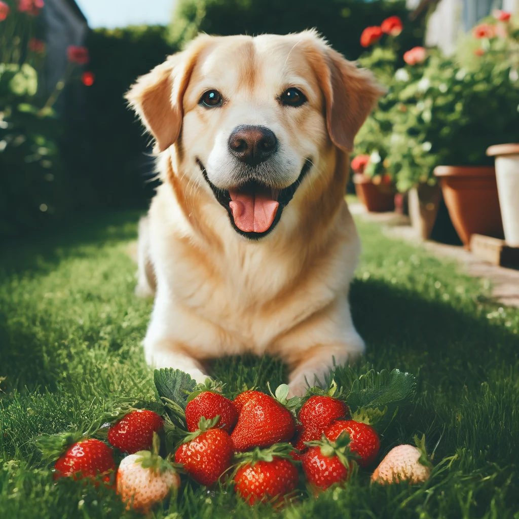 DALL·E 2024-04-05 07.25.49 – A happy dog sitting on the grass, surrounded by strawberries. The dog looks content and healthy, with a few strawberries placed in front of it, sugges