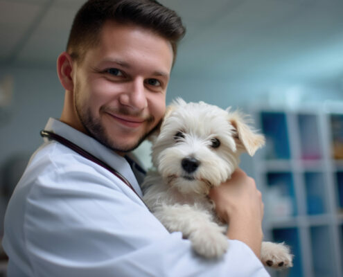 Bild eines Tierarztes, der einen Hund untersucht, mit der Alt-Text-Beschreibung: "Tierarzt untersucht die Analdrüsen eines Hundes