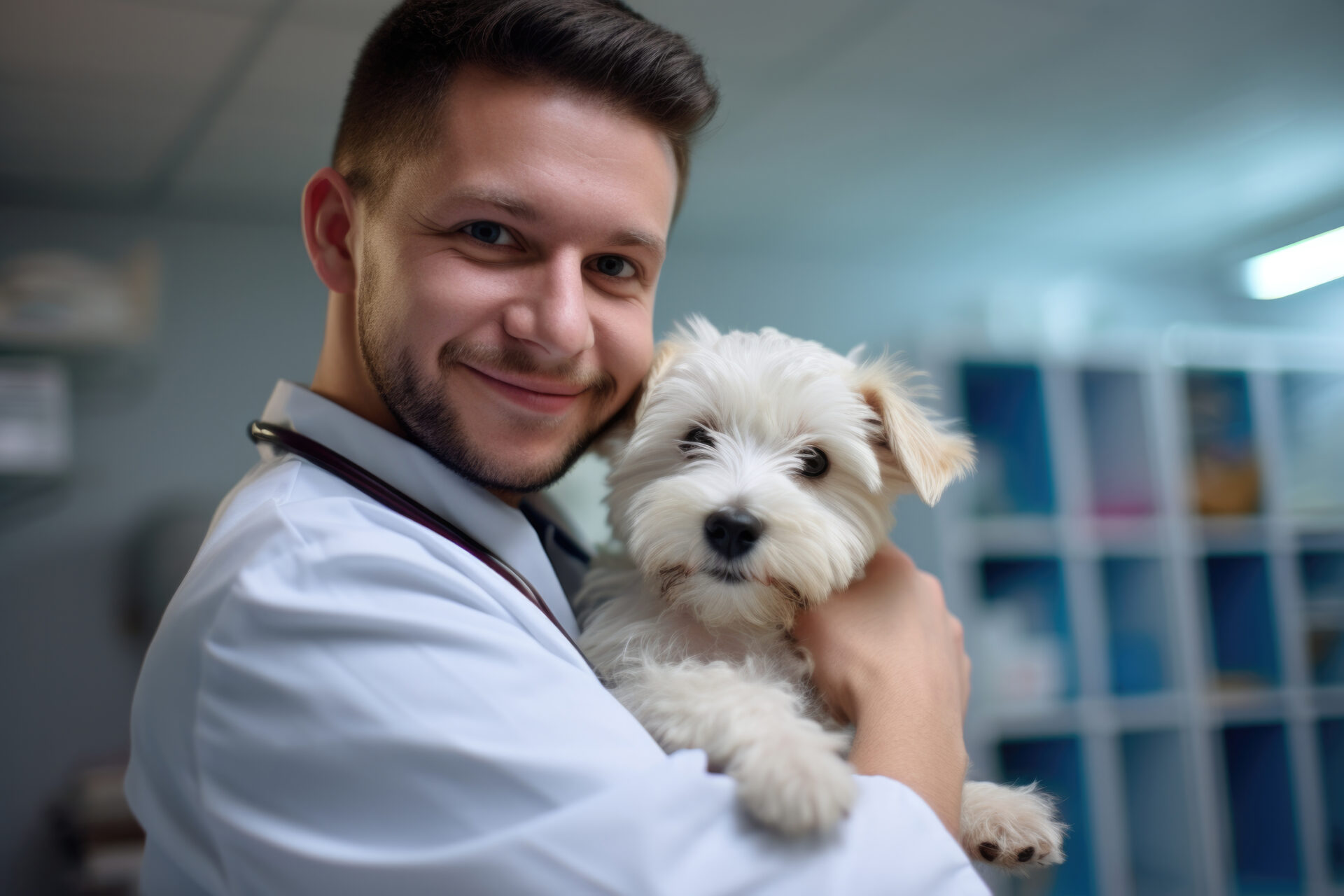 Bild eines Tierarztes, der einen Hund untersucht, mit der Alt-Text-Beschreibung: "Tierarzt untersucht die Analdrüsen eines Hundes